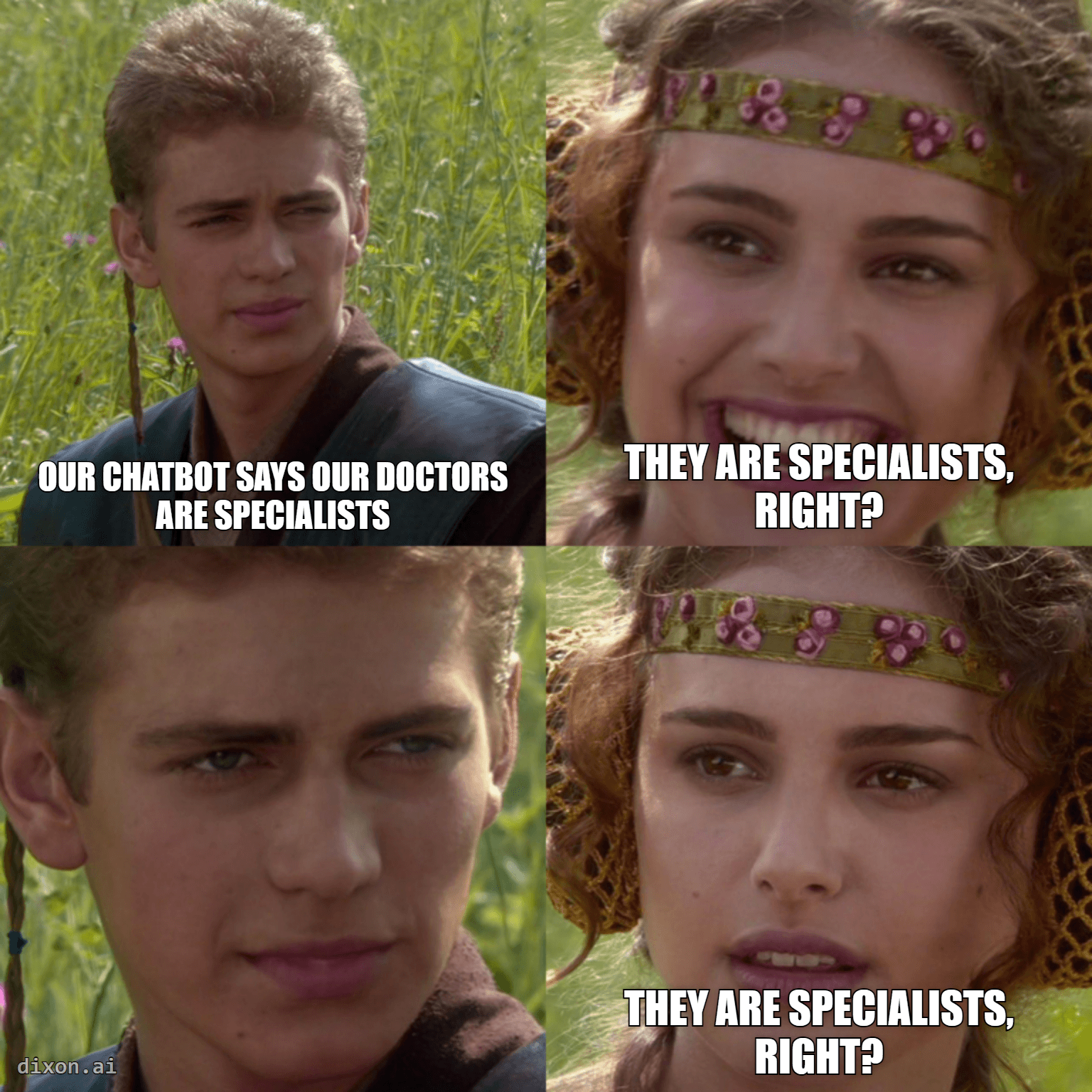 Anakin says our chatbot calls our doctors specialists. Padmé asks: They are specialists, right? After his silent stare, she repeats the question. Satirical dialogue, not a transcript.
