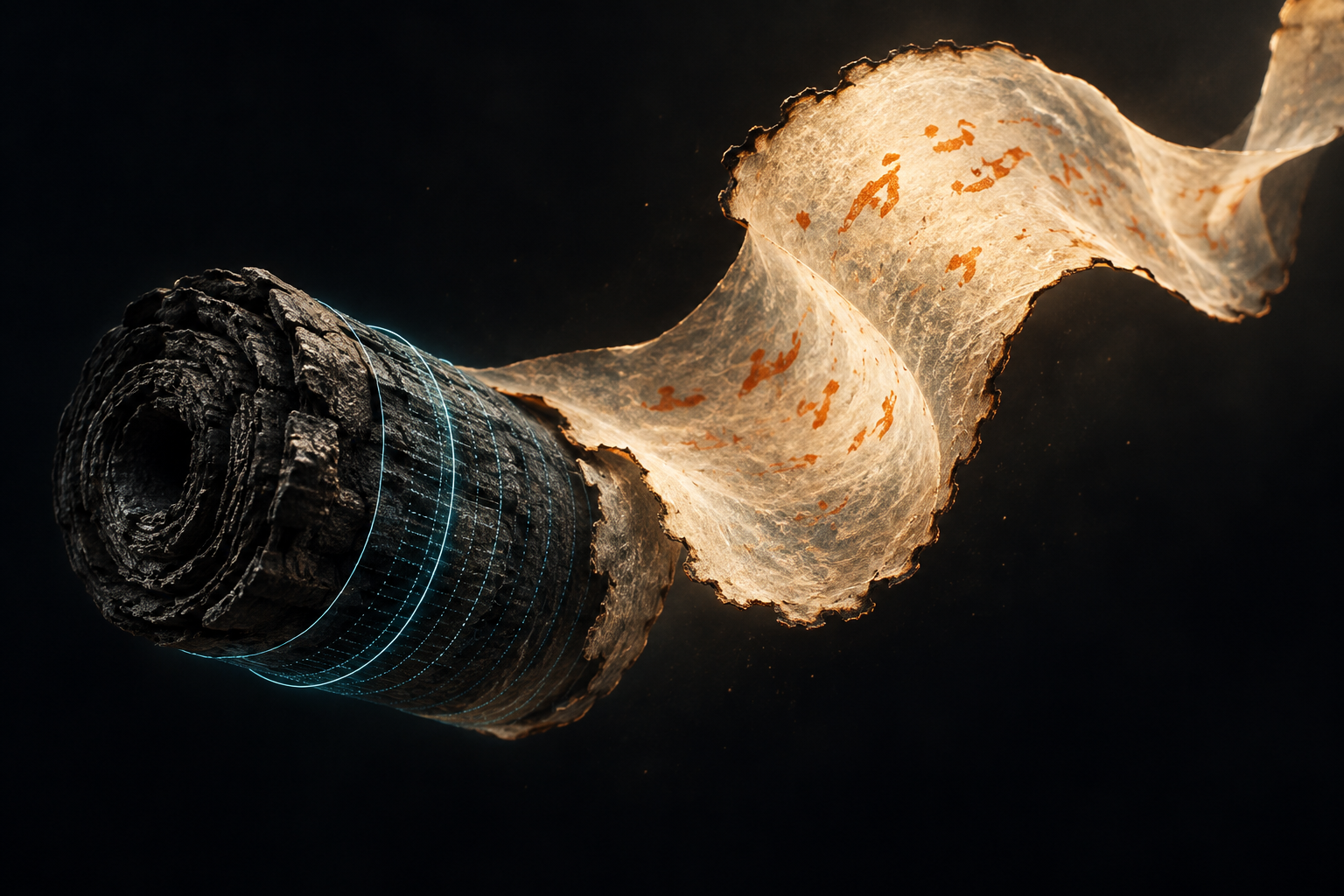 Conceptual illustration of a charred scroll beside a luminous digitally reconstructed paper ribbon.