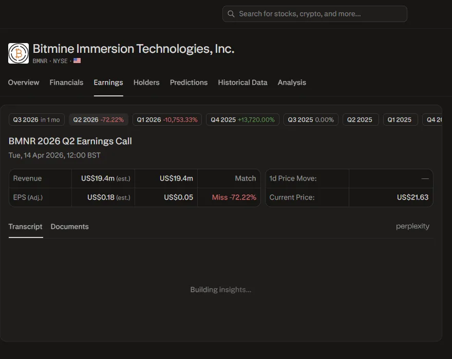 Perplexity Finance BMNR earnings tab showing 'Building insights' — no Quartr transcript data available for this smaller company