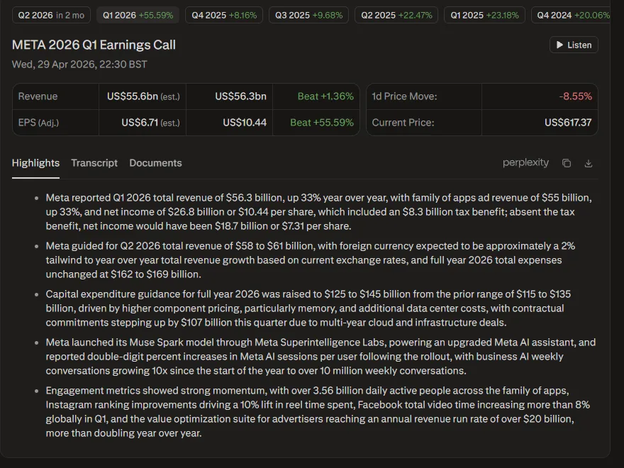 Perplexity Finance META earnings hub — populated Q1 2026 transcript with highlights and structured data