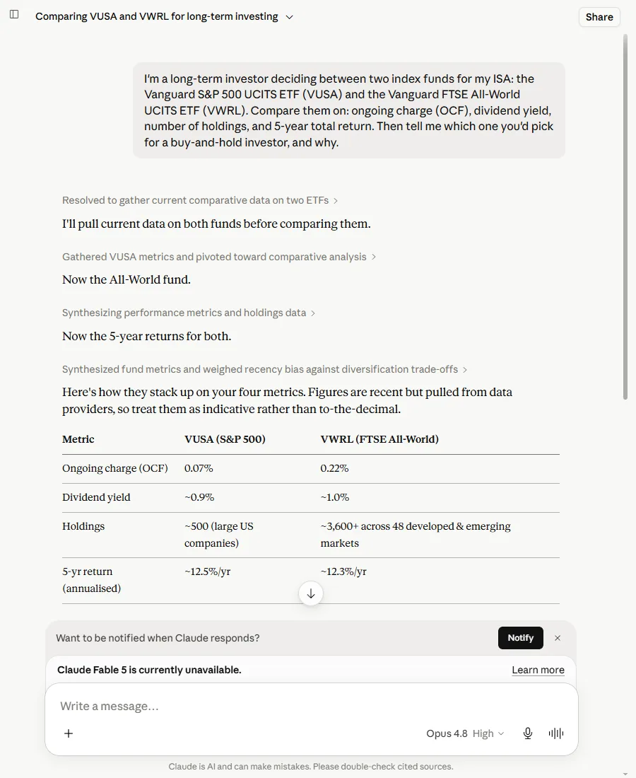Claude's comparison table showing the ongoing charge for the global fund as 0.22% — the stale figure — above its own visible thinking steps confirming it pulled current data from the web before answering