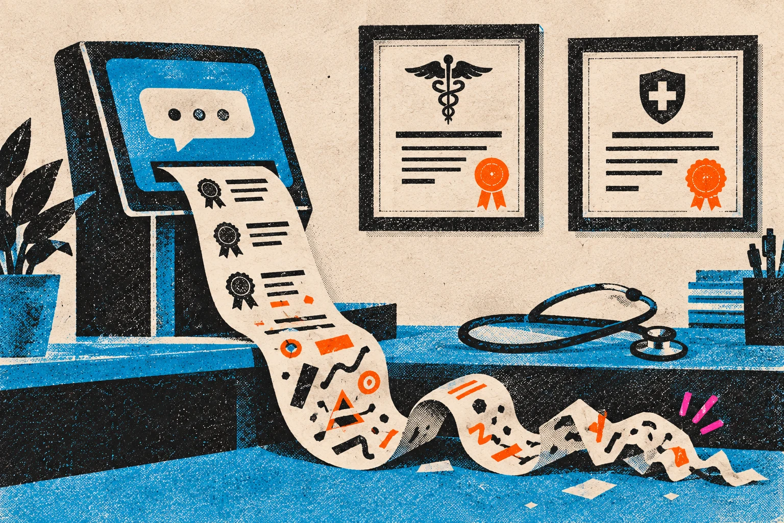 Risograph-style editorial illustration of a clinic terminal printing a qualification roll that unravels into nonsense beside verified credentials.