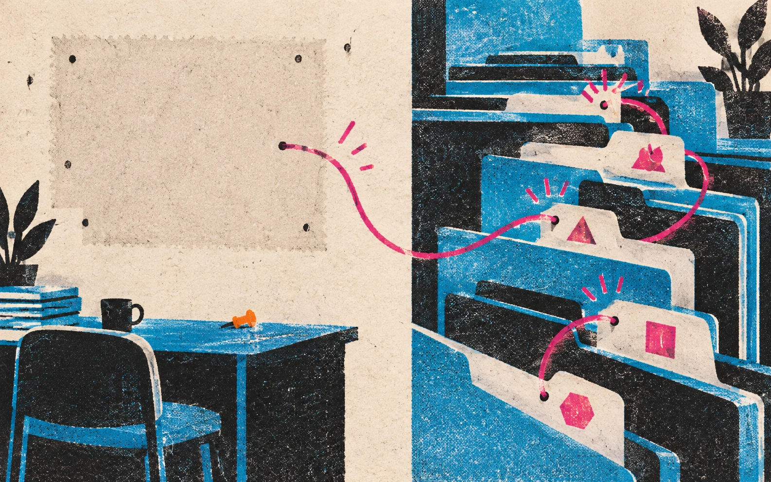 Risograph-style editorial illustration of a removed noticeboard and file folders still joined by a bright thread.