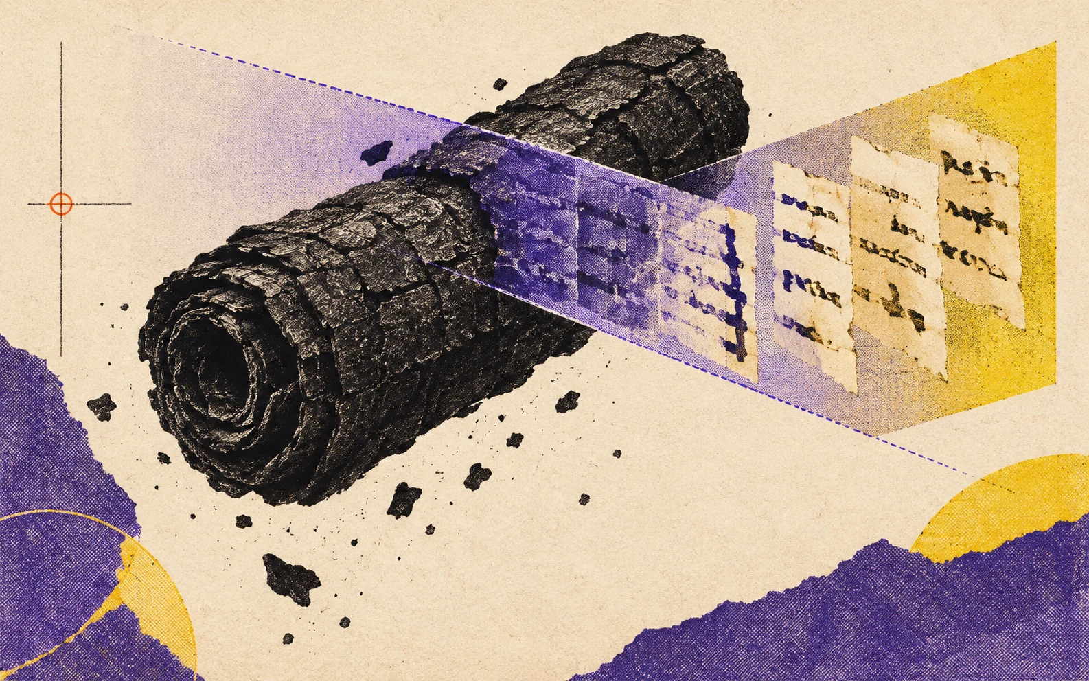 Risograph-style editorial illustration of a carbonised scroll passing through a scan and resolving into paper fragments.