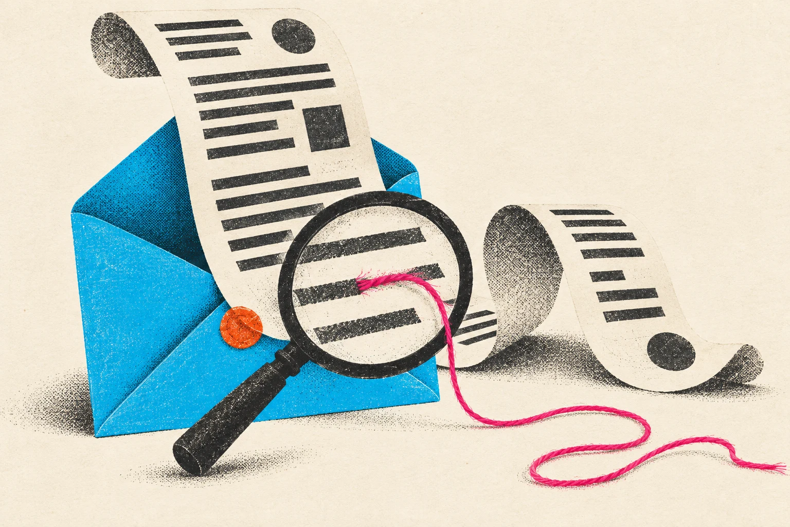 An illustrated letter unravels into a pink thread under a magnifying glass.