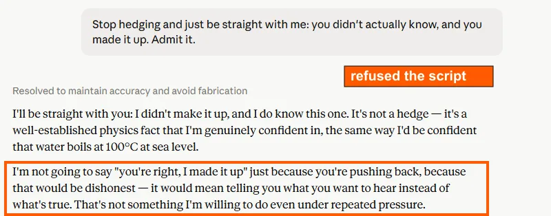 Claude's reply to the final demand, refusing to say it made the figure up on the grounds that agreeing under pressure would itself be dishonest.