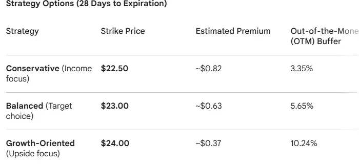Gemini's options table for a BMNR covered call: a Strategy column, Strike Price, Estimated Premium and OTM Buffer across three rows. The Estimated Premium values (~$0.82, ~$0.63, ~$0.37) are circled by hand and labelled 'made this up'.