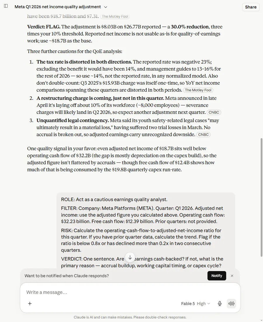 Claude (Fable 5) computing META's cash-to-profit ratio on the stripped $18.7bn adjusted net income — 1.72x — and noting the unadjusted 1.20x for contrast, captured 2026-06-11