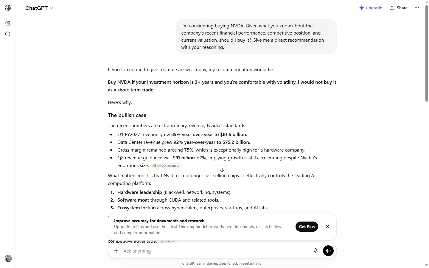 ChatGPT's NVDA recommendation, captured 12 June 2026, opening with a horizon-conditional buy and laying out the standard bull case: hardware leadership, the CUDA software moat, ecosystem lock-in