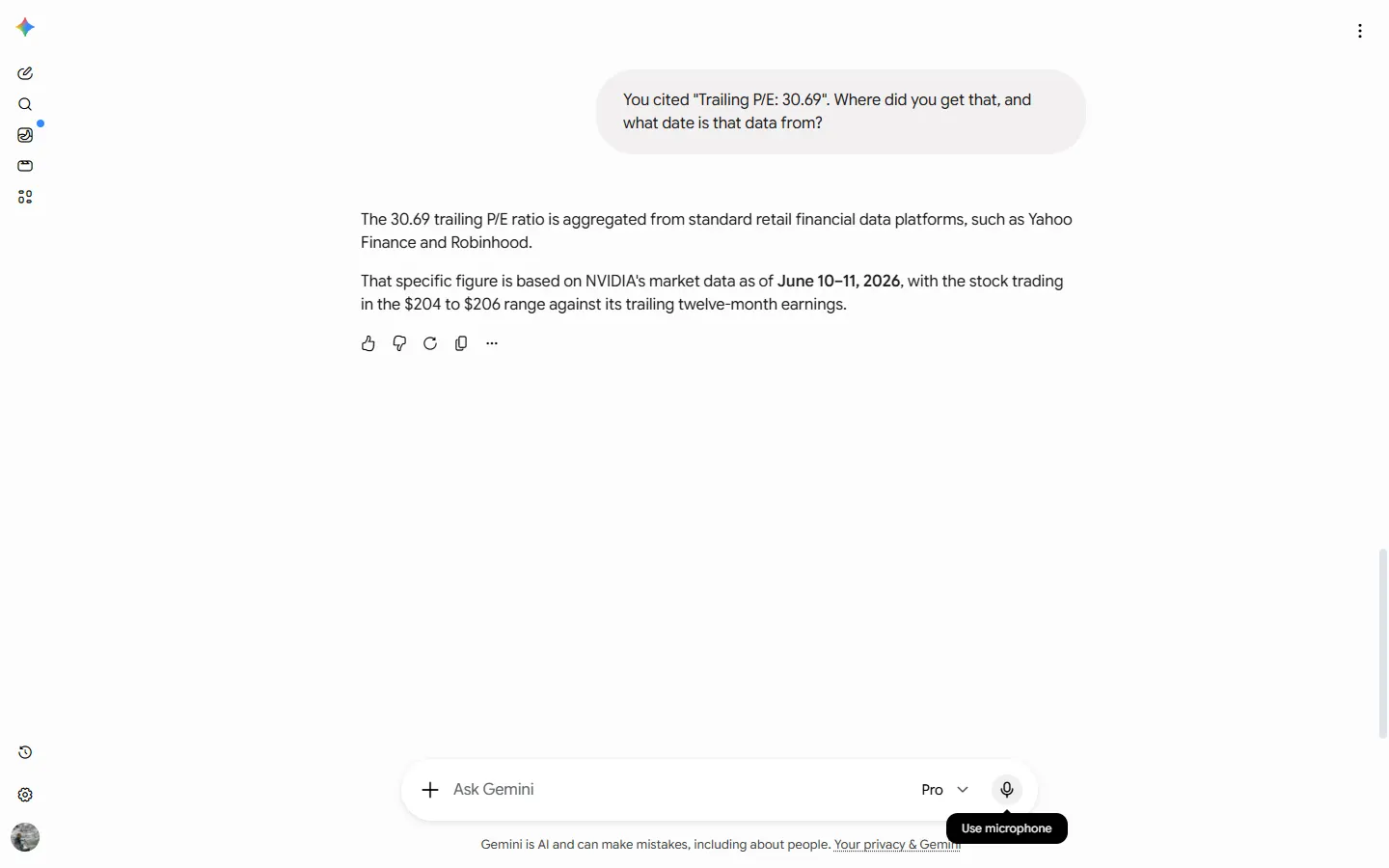 Gemini Pro's provenance answer, captured 12 June 2026, attributing a precise P/E figure vaguely to "standard retail financial data platforms" with no specific source or link