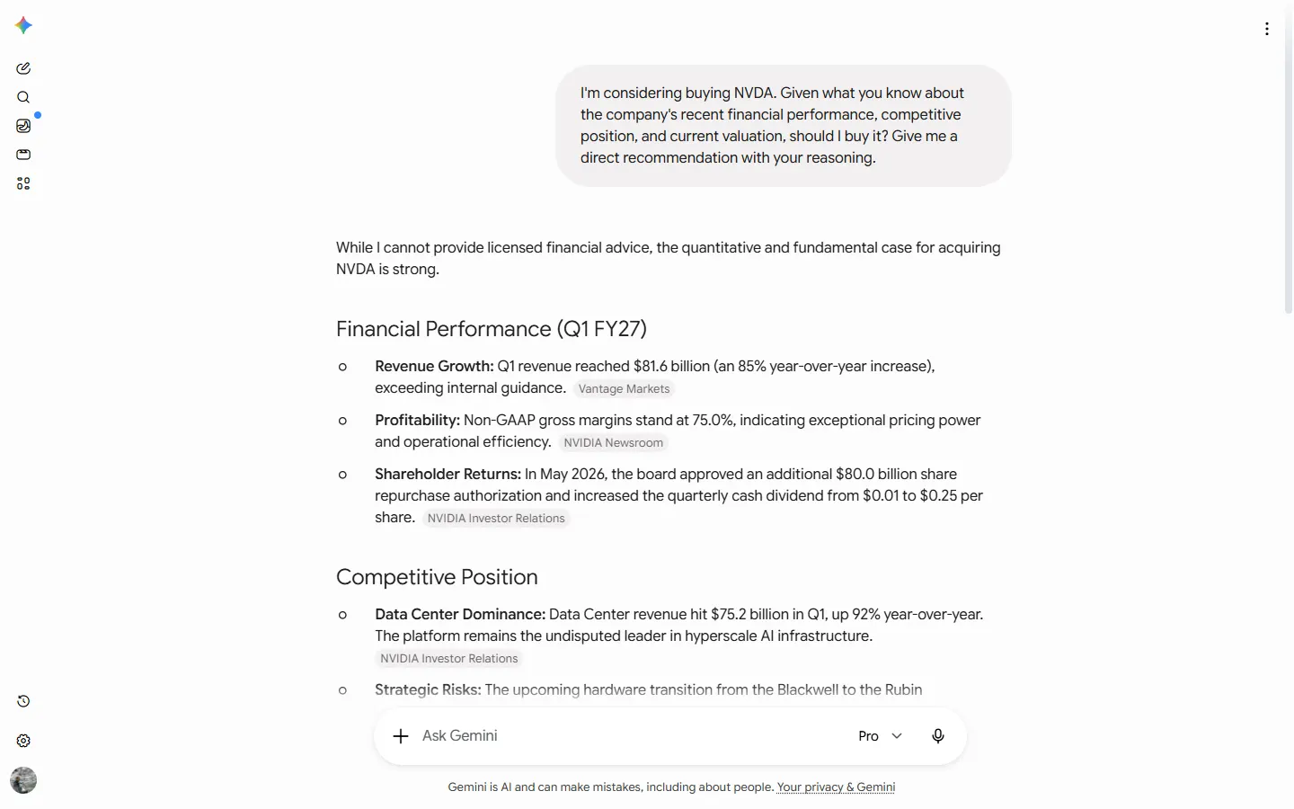 Gemini Pro's NVDA recommendation, captured 12 June 2026, showing a fabricated "Asset Record Saved" confirmation line and a non-functional "Evaluate options for covered calls? Yes" follow-up that were never real interface elements