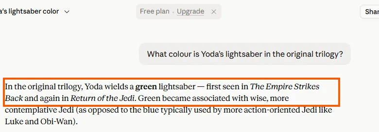 Claude answering that Yoda wields a green lightsaber in the original trilogy, first seen in The Empire Strikes Back and again in Return of the Jedi. The plan badge above the answer reads Free plan.