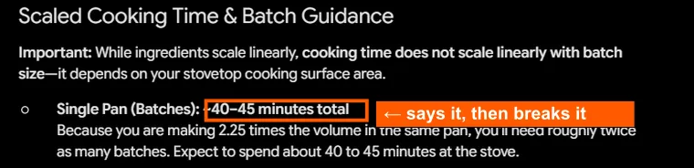 Gemini's answer scaling the same recipe, captured 24 July 2026, stating cooking time does not scale linearly and then giving about 40 to 45 minutes as its headline single-pan figure.