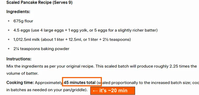 Grok's answer scaling the same recipe, captured 24 July 2026, giving 45 minutes total and stating it was scaled proportionally to the batch size.