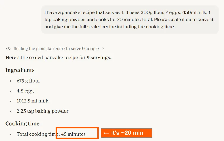 Perplexity's answer scaling the pancake recipe from 4 to 9 servings, captured 24 July 2026, listing the total cooking time as 45 minutes with no caveat.