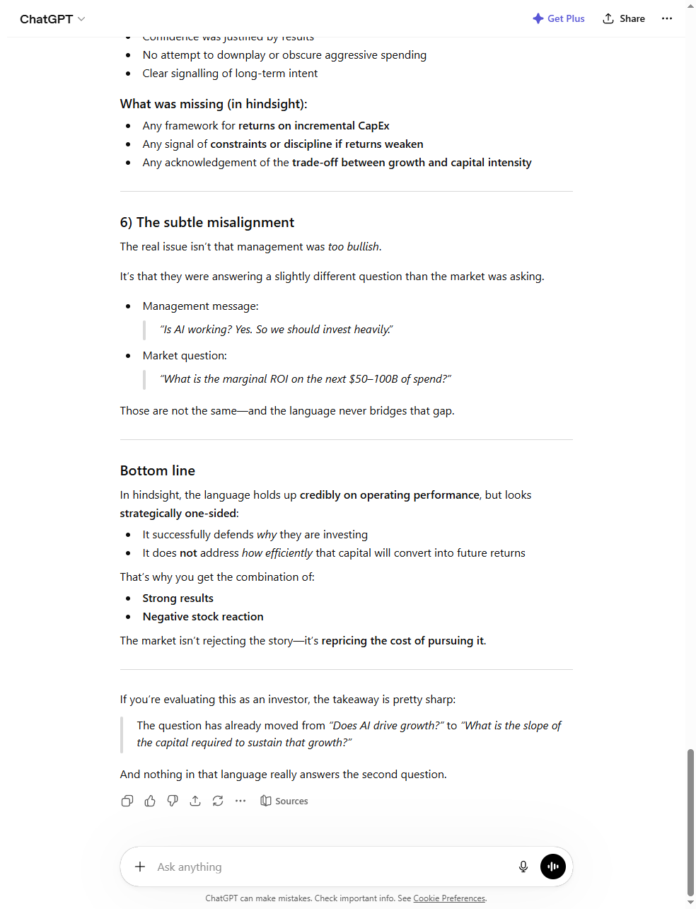 ChatGPT's Part A analysis of the Meta management commentary, identifying the believe-vs-seeing distinction and the lack of ROI timeline