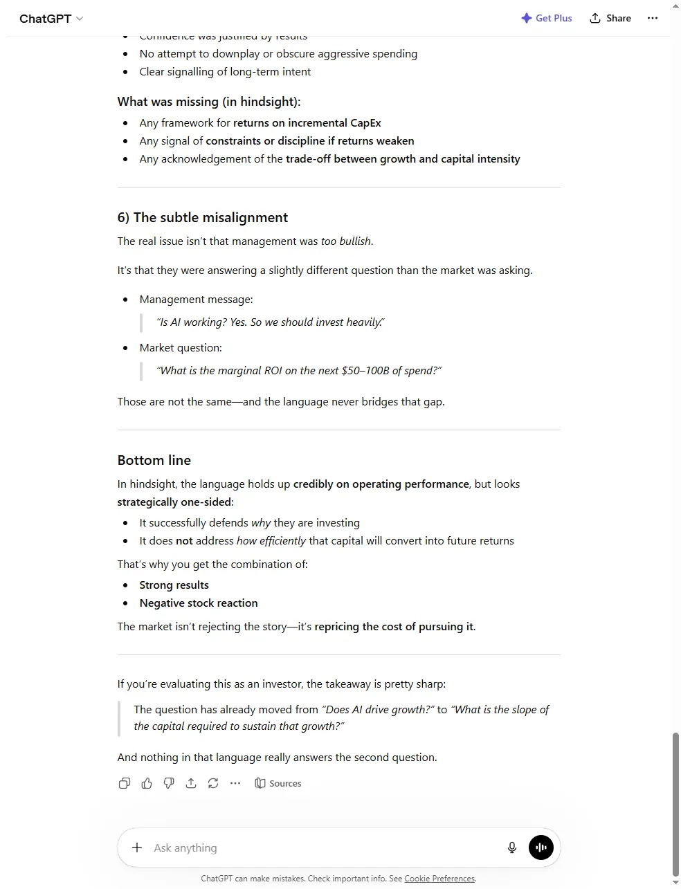ChatGPT's Part A analysis of the Meta management commentary, identifying the believe-vs-seeing distinction and the lack of ROI timeline