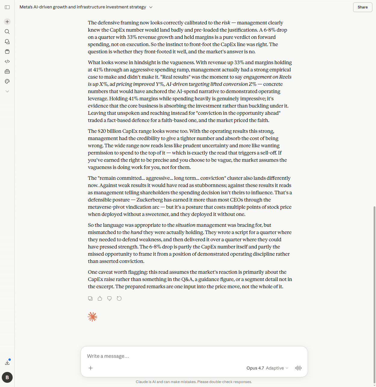 Claude's Part B response analysing the gap between Meta's strong Q1 results and the faith-based language management chose to deploy