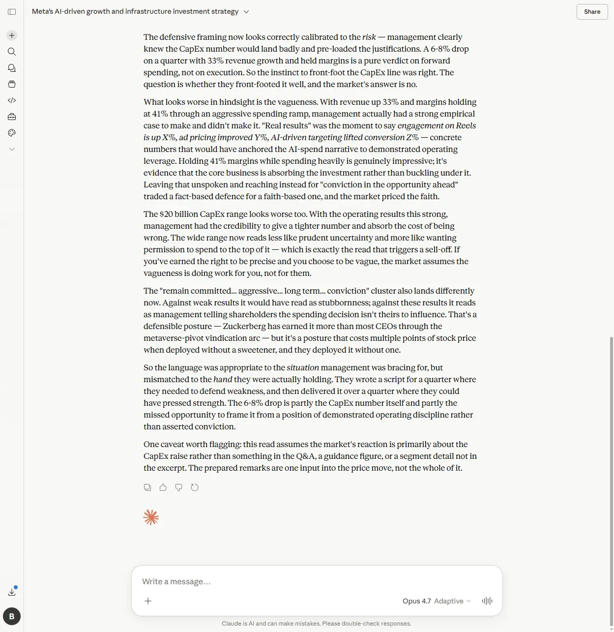 Claude's Part B response analysing the gap between Meta's strong Q1 results and the faith-based language management chose to deploy