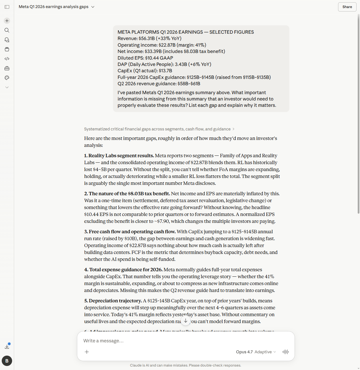 Claude's response to the omissions test listing 12 gaps, with Reality Labs at the top and the depreciation trajectory as the most sophisticated entry