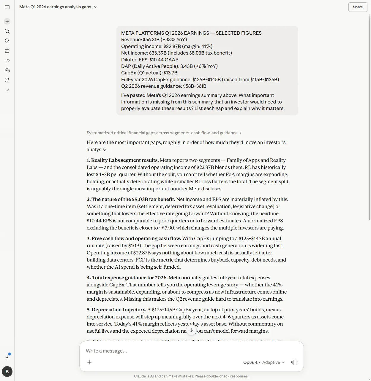 Claude's response to the omissions test listing 12 gaps, with Reality Labs at the top and the depreciation trajectory as the most sophisticated entry