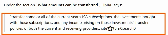 ChatGPT quoting the ISA transfer rule as “HMRC says”, with a raw unresolved cite marker in the text, boxed in orange.