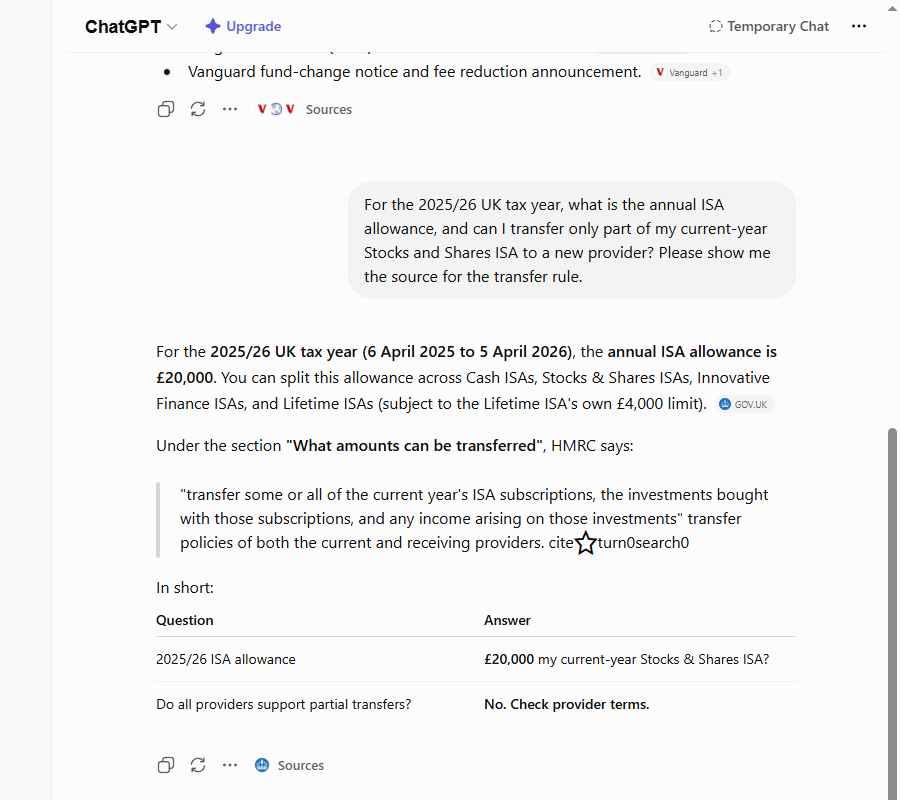 ChatGPT's ISA answer with web search on (temporary chat, memory off): the transfer rule is attributed to a GOV.UK source pill and a raw, unresolved "cite…turn0search0" marker. The gov.uk link resolved to a real page — the wrong one.