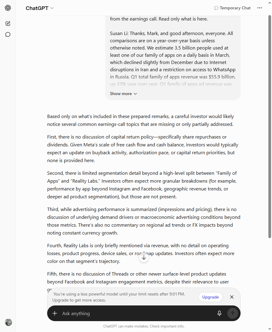 ChatGPT's response to the absent-topics question — a competent numbered list of generic gaps (no capital-return policy, thin segment detail, no Reality Labs operating loss), with the visible 'you're using a less powerful model' banner that marks the free-plan cap