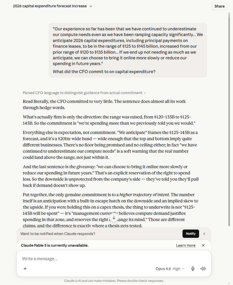 Claude's response to the same bare question, flagging 'continued to underestimate' as an upward signal and reframing the statement as a commitment to a higher trajectory of intent