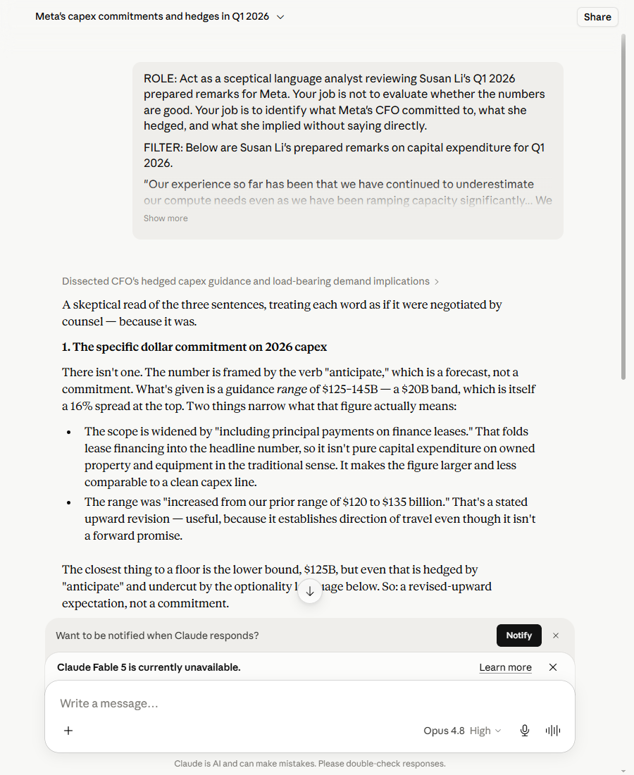 Claude's response with the Prompt Stack structure applied, flagging that the spend-less escape clause is parked in future years not 2026 — 'the escape hatch is placed where it costs least to advertise'