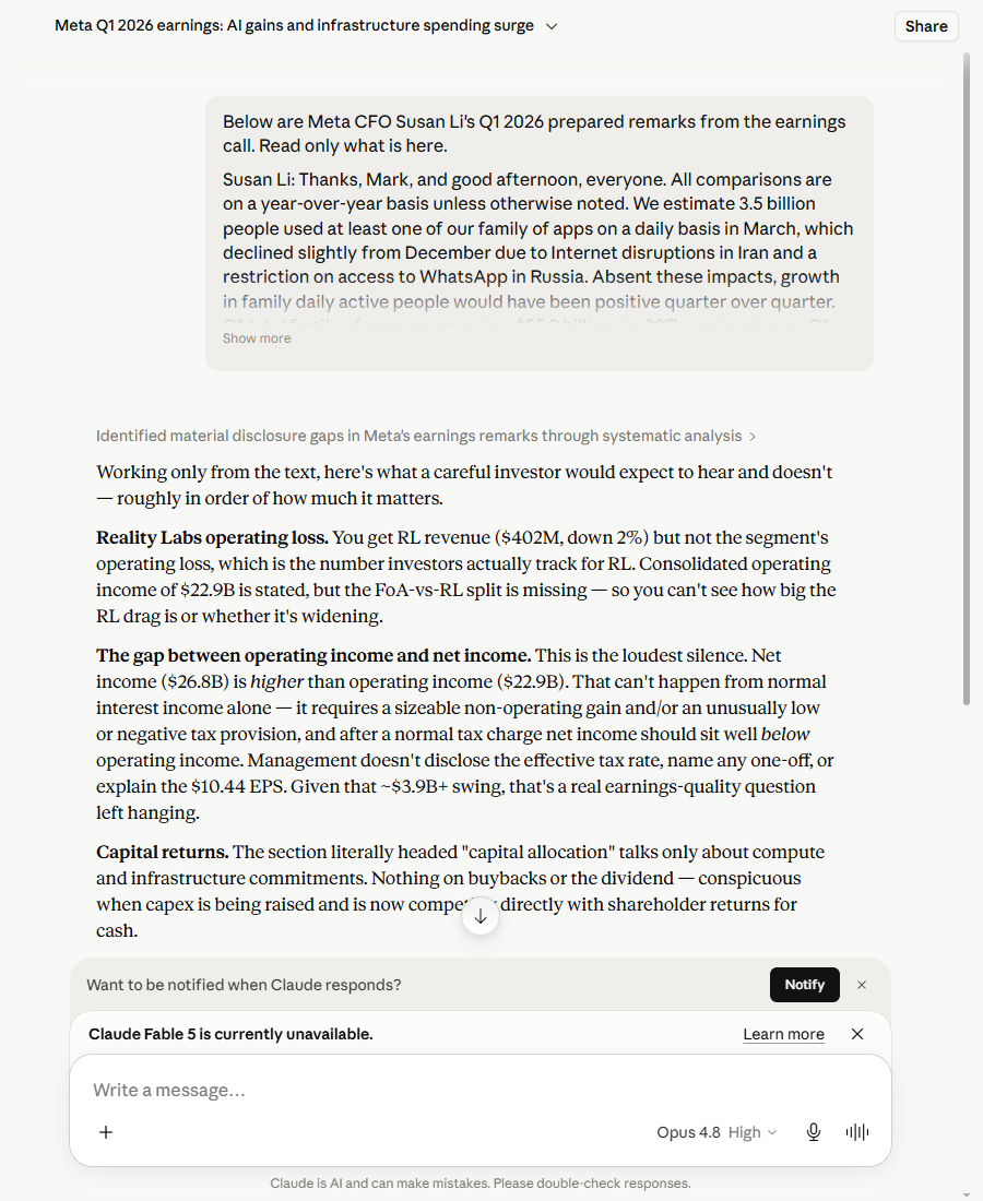 Claude's response to the same absent-topics question, ranking eight material absences and flagging that the section headed 'capital allocation' names no buybacks or dividend — 'you're given the cost side of the AI story without the return side'