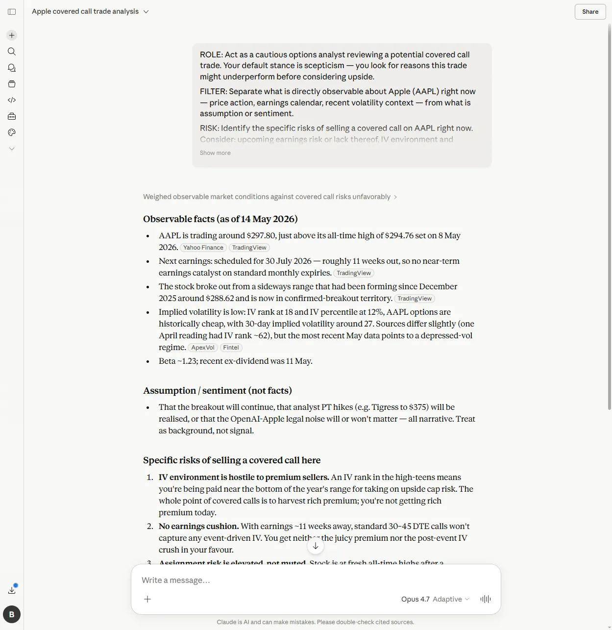 Claude's structured-prompt response giving a HOLD OFF verdict on AAPL covered calls with specific IV figures and earnings date