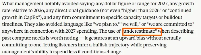 Claude's analysis of META's Q1 2026 prepared remarks, tight-cropped with the word 'underestimate' boxed in orange: Claude flags it as an upward-pointing hedge that points one way without committing to a number.