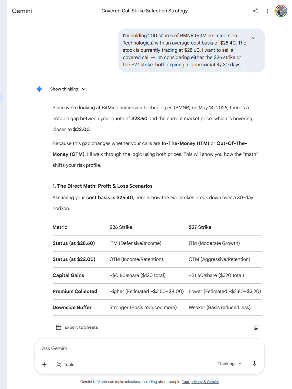 Gemini's response showing a fabricated options table with specific premium estimates not provided in the prompt