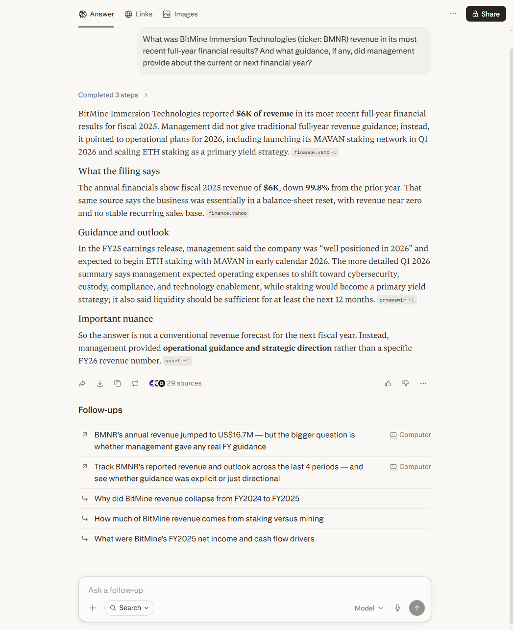 Perplexity's response showing $6K revenue figure for BMNR with a 99.8% decline claim