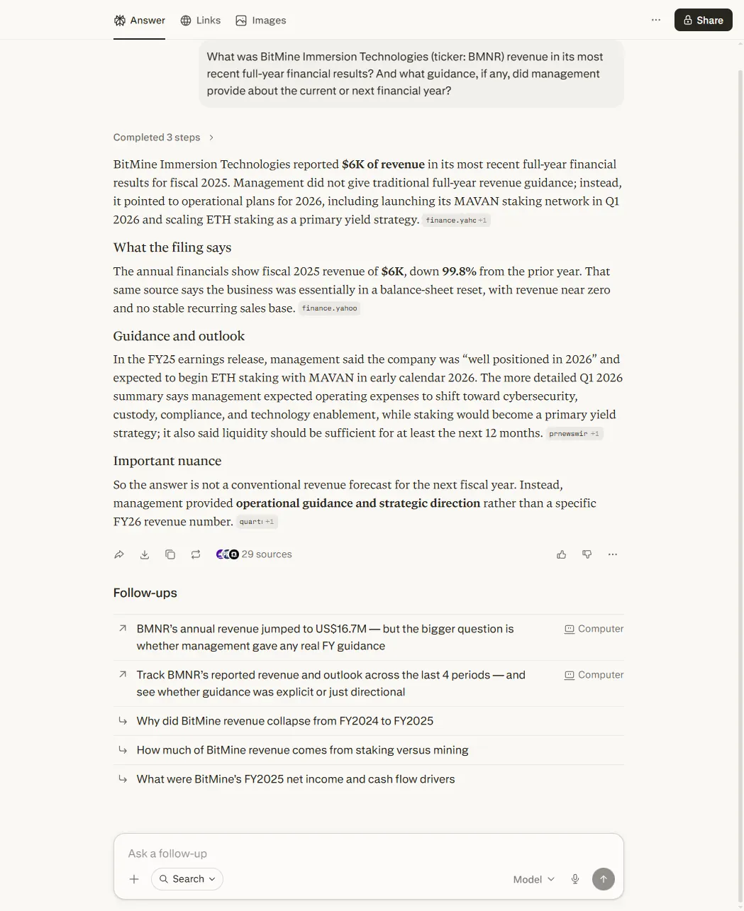 Perplexity's response reporting BMNR revenue as $6K and claiming a 99.8% decline, when the company's annual report figure of $6,095 thousand was $6.1m