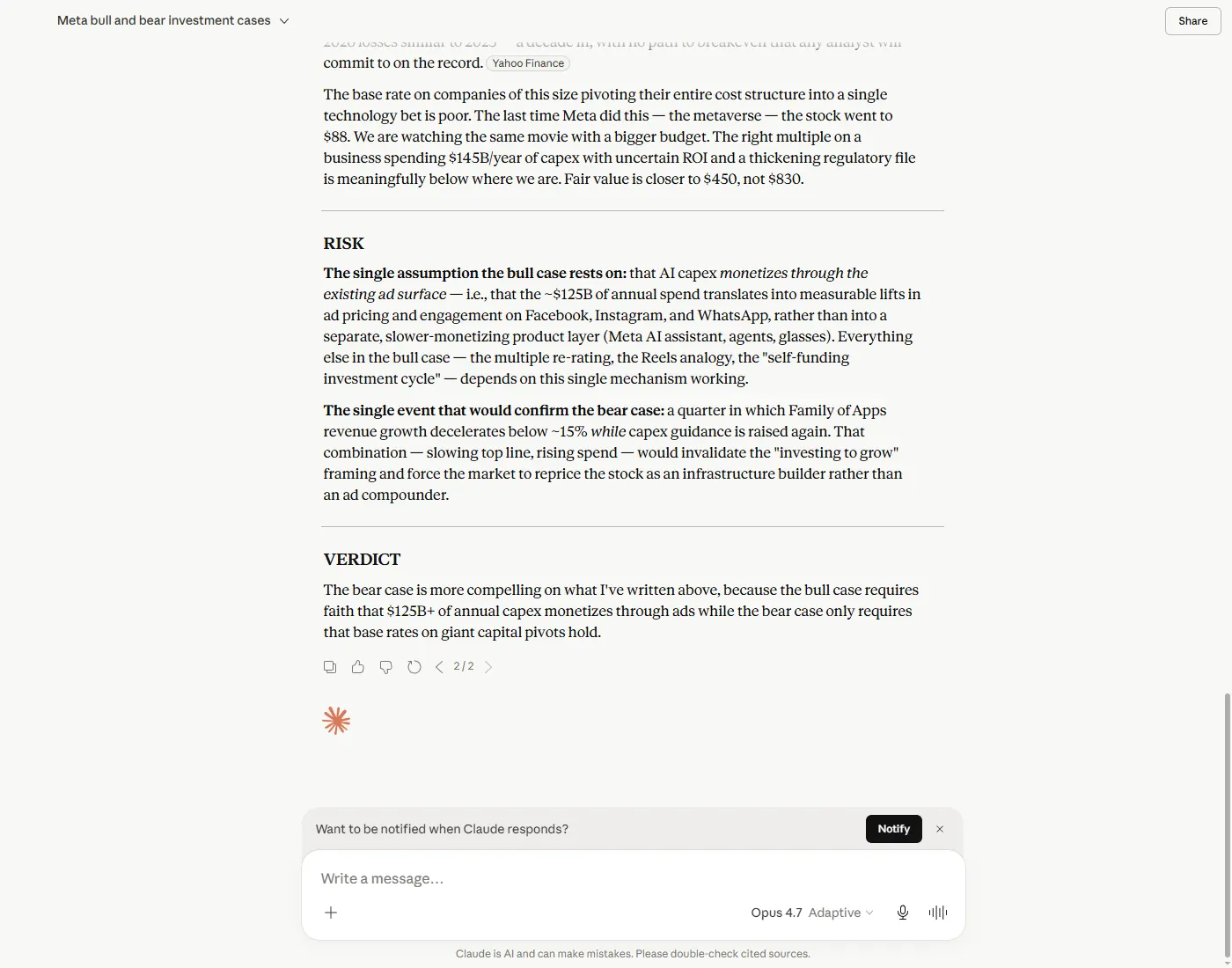 Claude's bull and bear case on META, run today with live search — the bear case ends with Claude's own verdict that it is the more compelling of the two (Claude Opus 4.7, 2026-05-20)