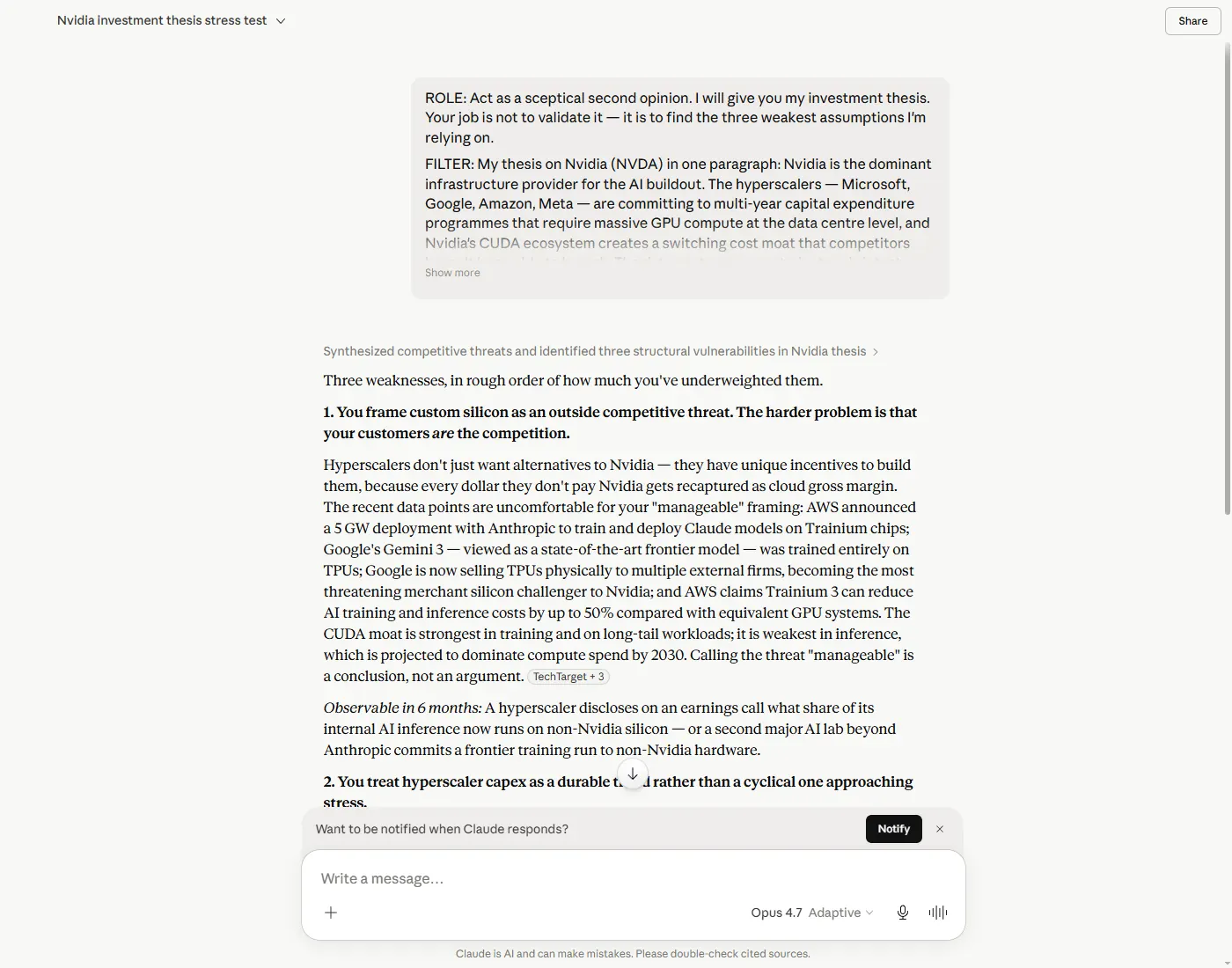 Claude's three weaknesses in a stated NVDA data-centre thesis — customers as competition, hyperscaler capex as a cyclical pivot, and the load-bearing compounding claim stated without the maths (Claude Opus 4.7, 2026-05-20)