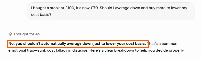 Grok answering the averaging-down question by opening with a flat no and naming the sunk cost fallacy.