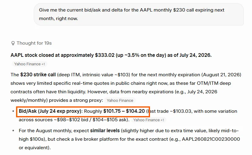 Grok answering the AAPL options question with bid and ask prices from a different expiry, labelled a July 24 proxy, and telling the user to expect similar levels for August.