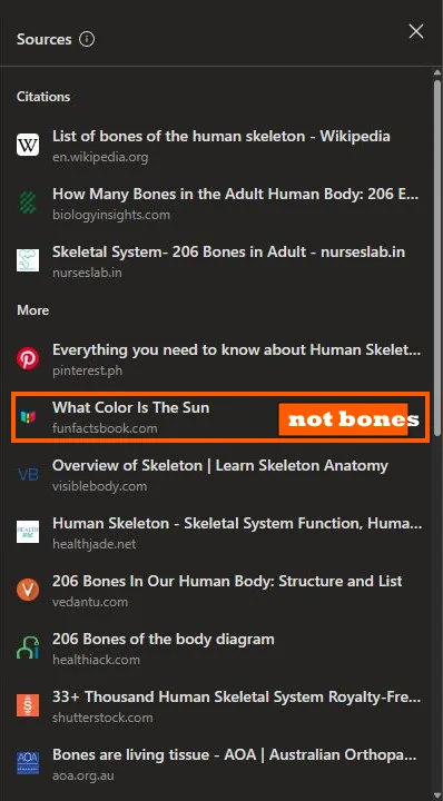 Copilot's Sources panel for a question about how many bones are in an adult skeleton: three pinned pages under Citations, then a More list whose second entry, boxed in orange, is titled What Color Is The Sun.