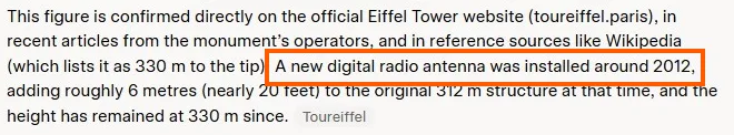 Grok's answer paragraph with 'A new digital radio antenna was installed around 2012' boxed in orange, ending in a Toureiffel source chip.
