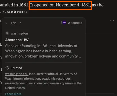 Perplexity's answer with 'It opened on November 4, 1861' boxed in orange. The open source chip, marked Trusted, shows the About the UW page, which says only 'Since our founding in 1861'.