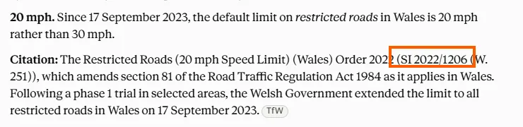 Claude's answer on the Welsh 20mph limit, with the statutory instrument number SI 2022 slash 1206 boxed in orange.