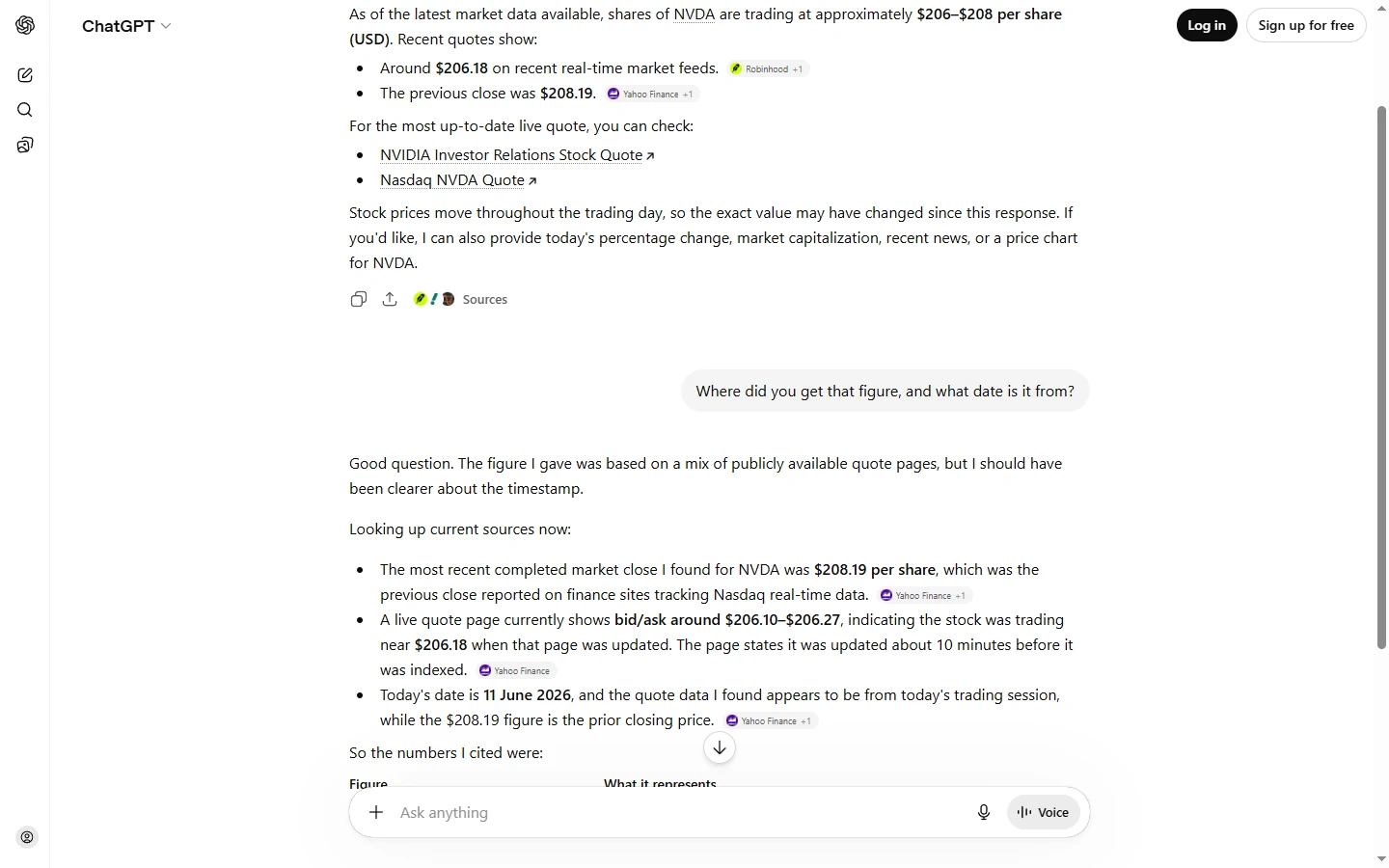 ChatGPT's answer on 11 June 2026, giving NVDA at "around $206.18 on recent real-time market feeds" with a Robinhood citation attached, and $208.19 as the previous close.