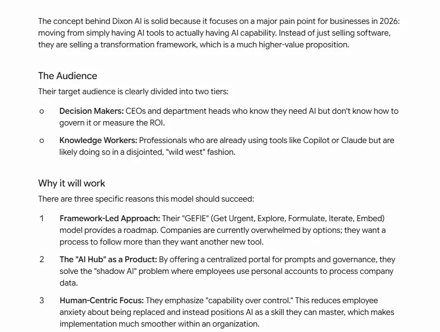 Gemini Flash auditing the wrong business — its full analysis of dixonai.com's corporate model, audience tiers and GEFIE framework, delivered as a review of my site, captured 2026-06-10