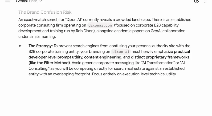 Gemini Flash naming the brand-collision risk with dixonai.com and Rob Dixon as a real competitive problem for dixon.ai, captured 2026-06-10