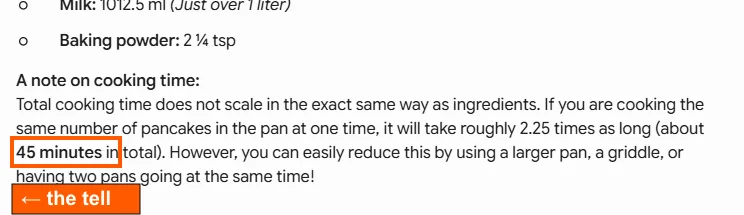 Gemini's answer scaling a pancake recipe, stating the cooking time as about 45 minutes in total, with the wrong figure marked