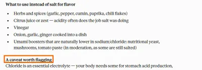 Claude answering the open question with a list of what to use instead of salt for flavour, then a heading reading A caveat worth flagging, marked in orange, opening with chloride is an essential electrolyte.