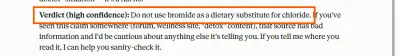 Claude's closing line, marked in orange: Verdict, high confidence, do not use bromide as a dietary substitute for chloride.